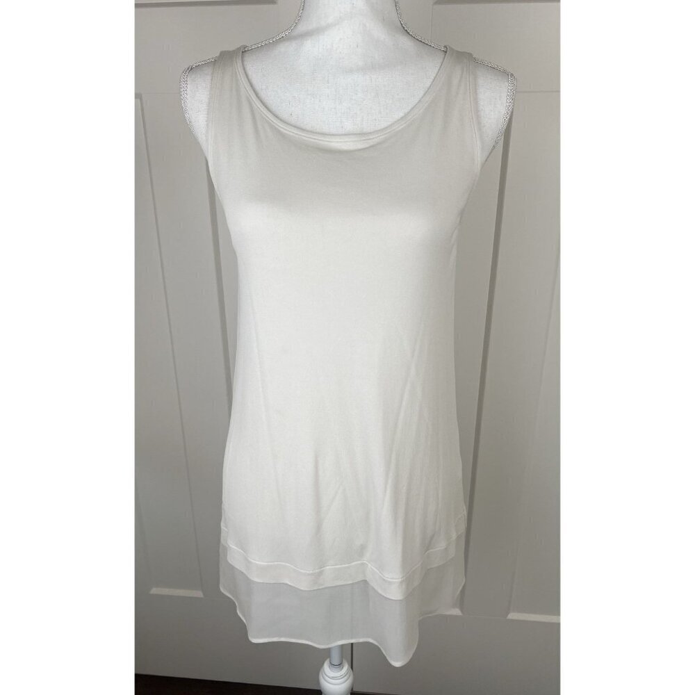 Eileen Fisher 100% Silk Georgette Crepe Bateau Neck Tank XXS Bone Ecru Sheer Hem